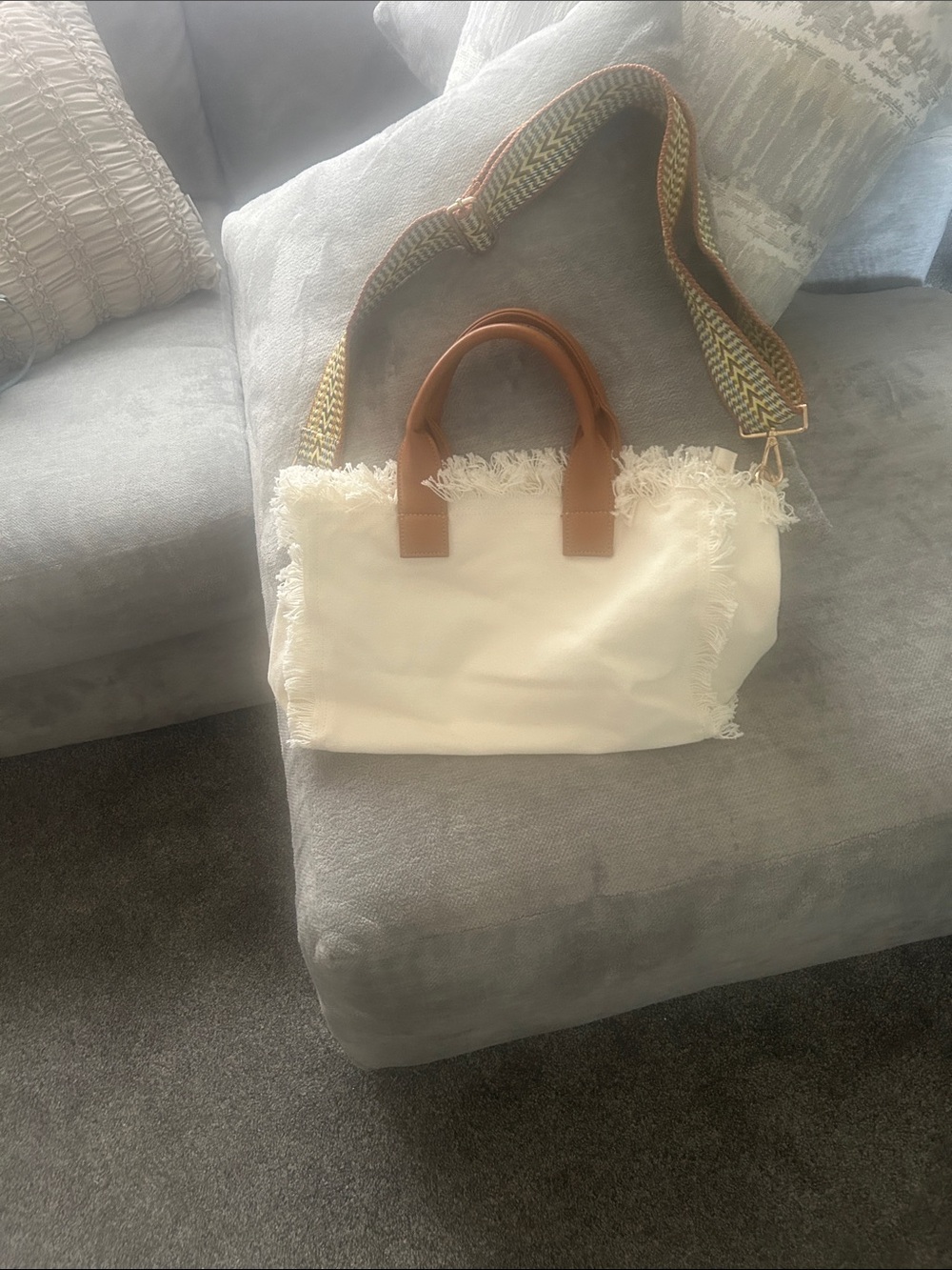 Cream Canvas Tote with Tan Handles and Removable Patterned Strap